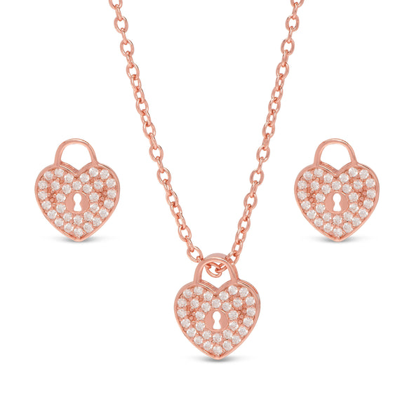 Pave CZ Heart Lock Necklace and Earrings Set in Rose Gold over Sterling Silver