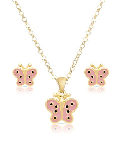 Butterfly Pendant and Stud Earrings Set (Pink)