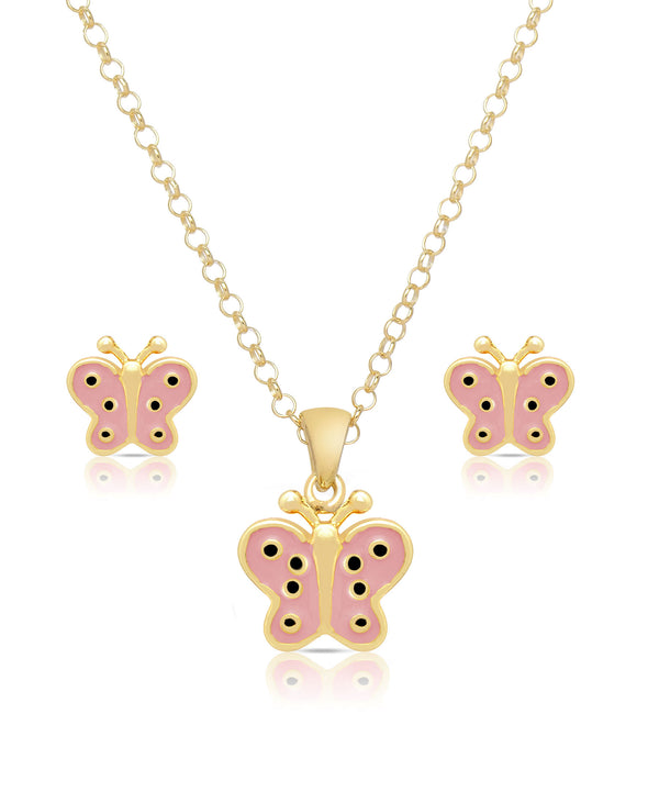 Butterfly Pendant and Stud Earrings Set (Pink)