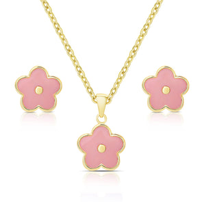 Flower Stud Earrings and Necklace Set - Pink