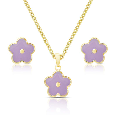 Flower Stud Earrings and Necklace Set - Purple